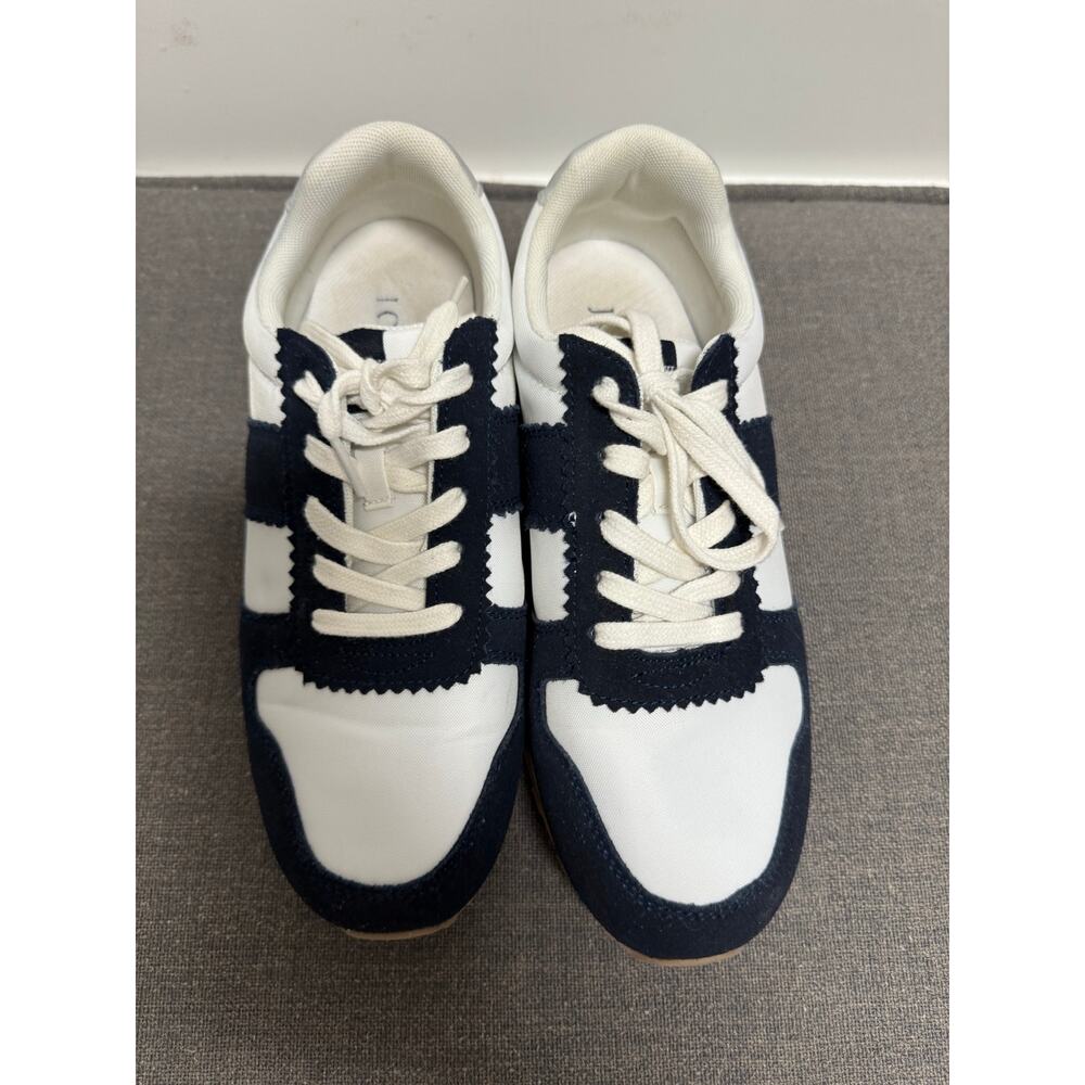 J. Crew Scalloped Navy Suede Striped City Sneakers Shoes women size 8.5 J Crew